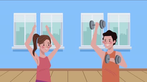pareja practicando ejercicios personajes de animación
