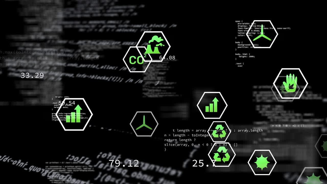 검은색 배경에 있는 데이터 처리 및 생태 아이콘의 애니메이션