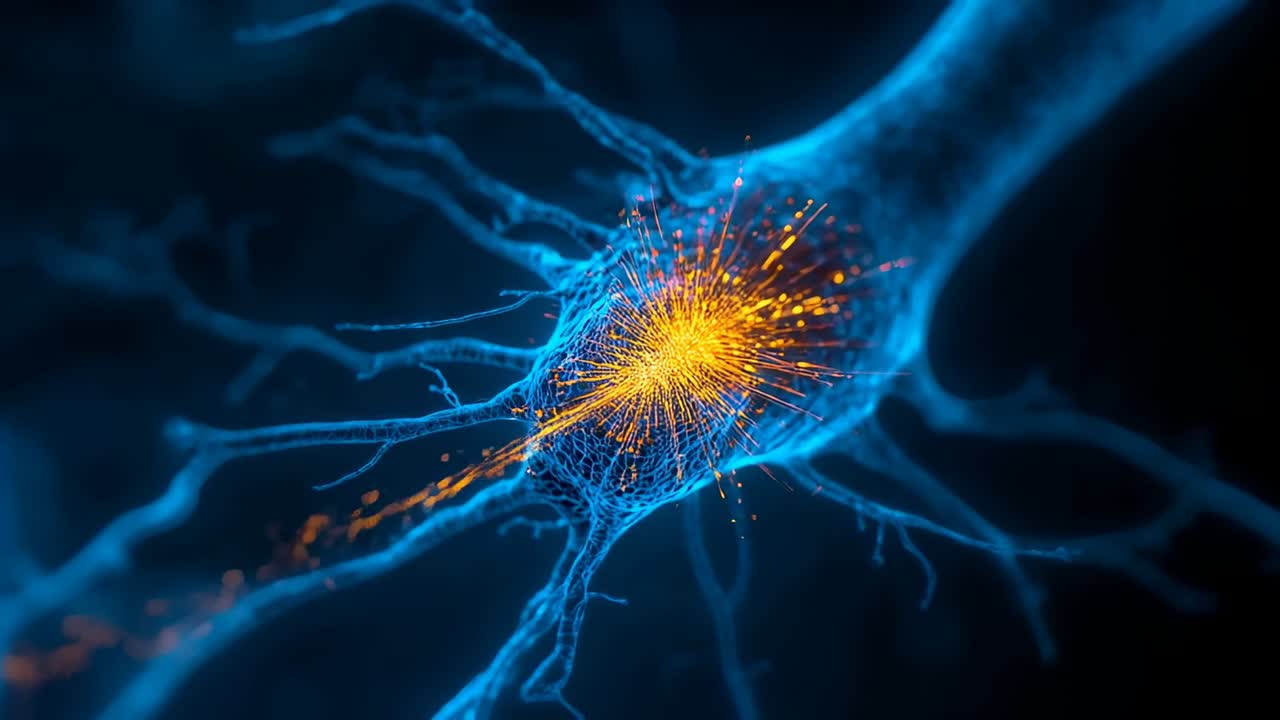 Pulsing central cluster initiating neuron sending orange filaments along axon in deep blue void