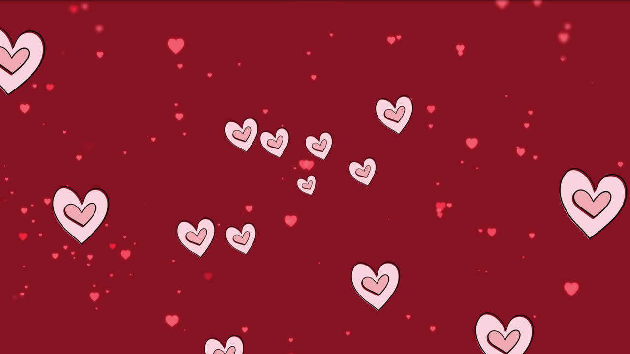 Animazione di più icone a forma di cuore che fluttuano su uno spazio per il testo su sfondo rosso