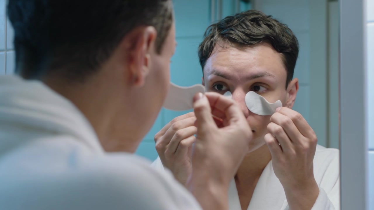 Hombre en bata blanca aplicando y quitando parches para el contorno de ojos para el cuidado de la piel frente al espejo.