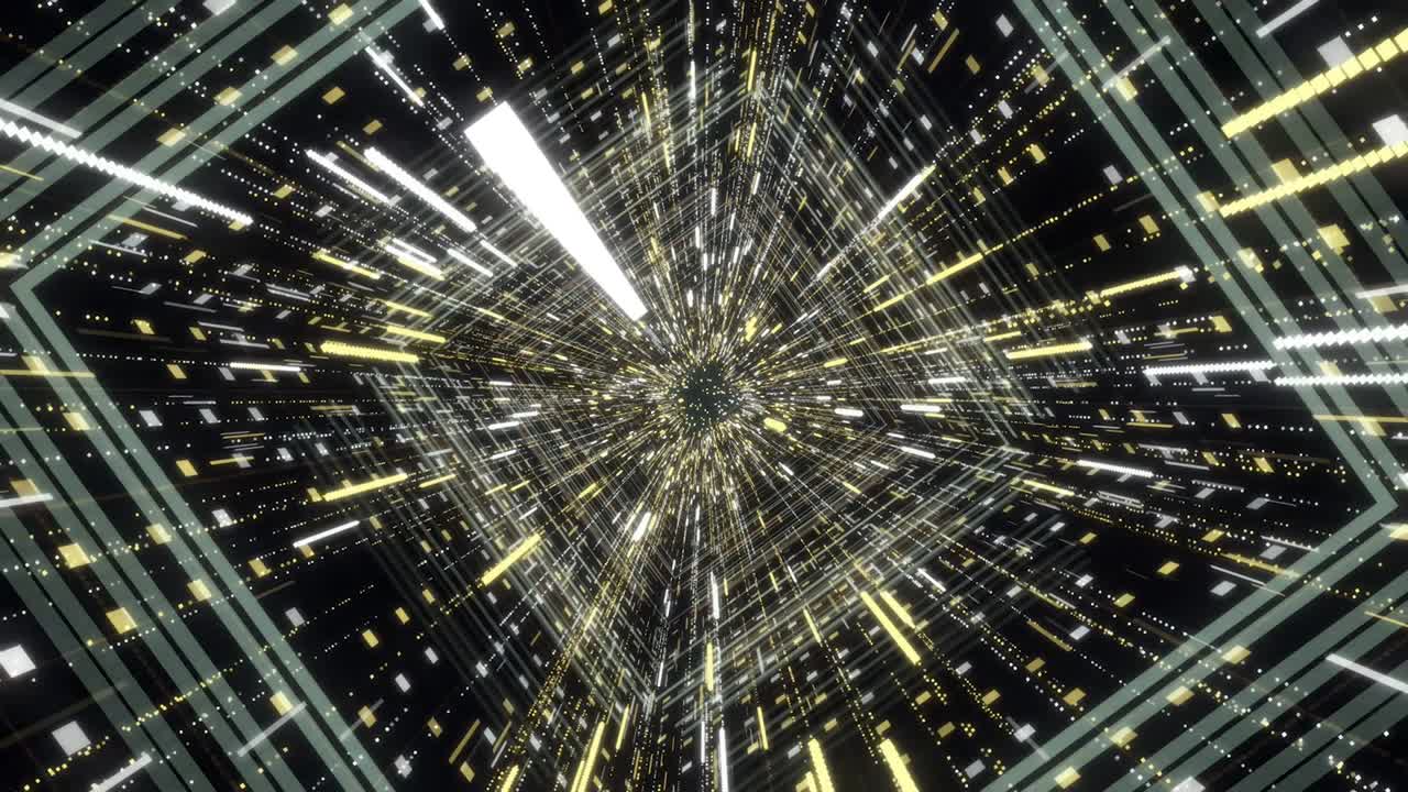 Hyperspace jump through stars, time, and cosmic tunnel, seamless loop. Animation. Abstract flight through 3D futuristic tunnel and flowing bright particles.