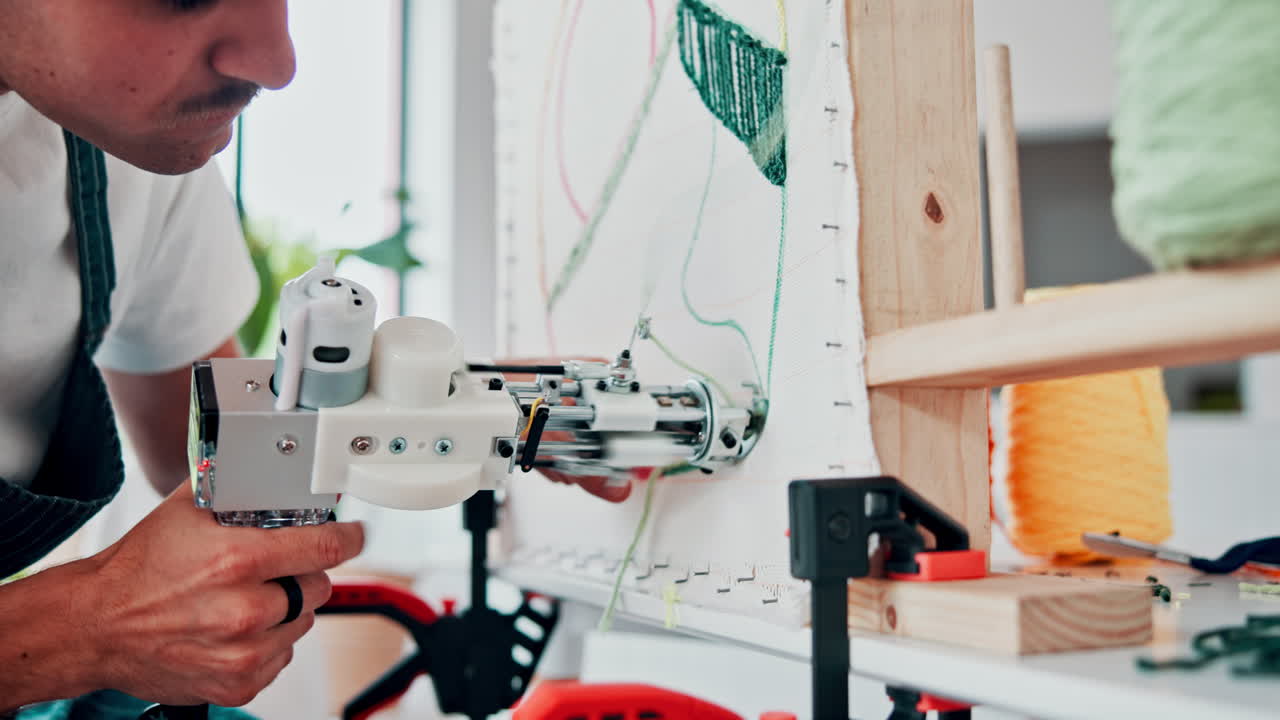 artista que utiliza una máquina para el bordado