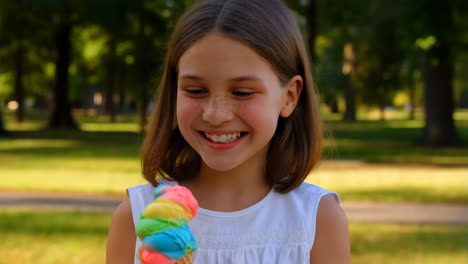 happy girl eating colorful ice cream in a park