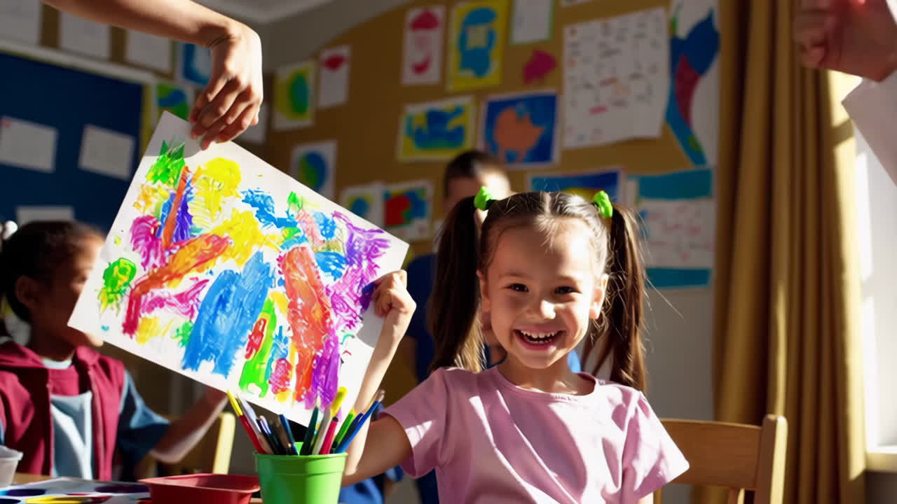 Happy Children Creating Colorful Art in a Classroom