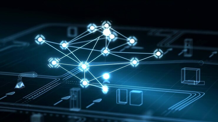 Abstrakt digital netværksgrænseflade, der viser glødende forbundne noder og kredsløbslignende linjer hen over en mørkeblå futuristisk baggrund, med en central klynge og køligt omgivende lys.