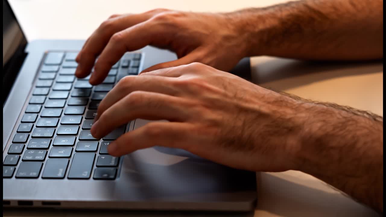 Primo piano di mani che usano la tastiera e il trackpad di un laptop per la navigazione e la digitazione in un ambiente di lavoro moderno.