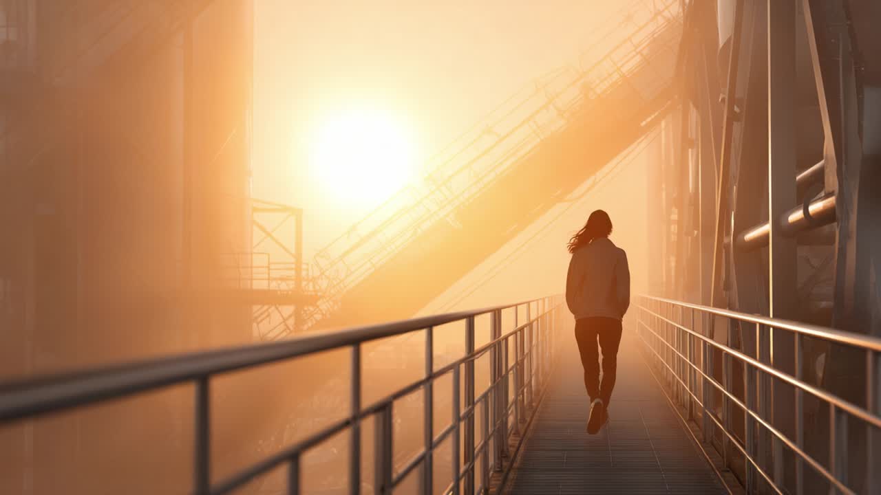Person walking on industrial bridge during sunset