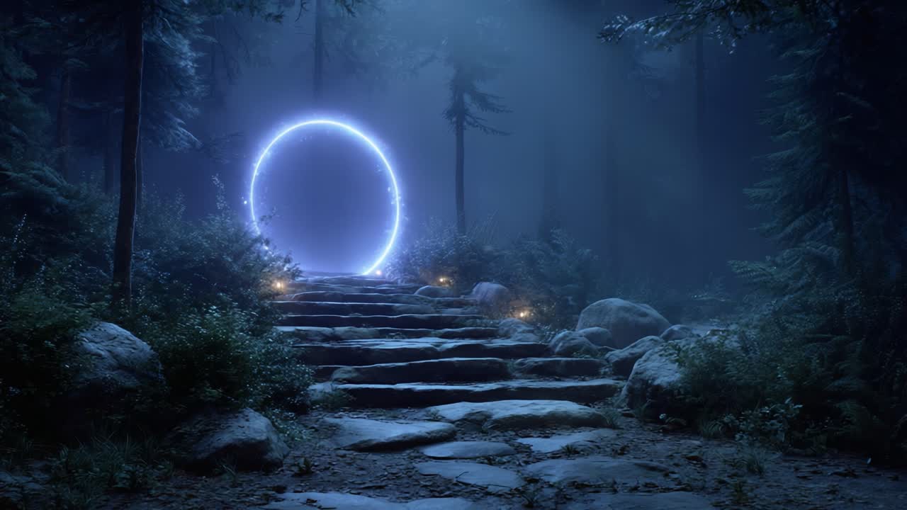 A Mysterious Portal Surrounded by Lush Nature in a Dimly Lit Forest, Inviting Exploration and Adventure into the Unknown Realm Beyond