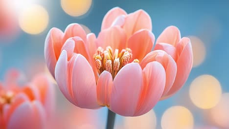 spring pink tulips in soft light. delicate pink tulips bloom under soft ambient light, showcasing their vibrant petals and gentle beauty in springtime.