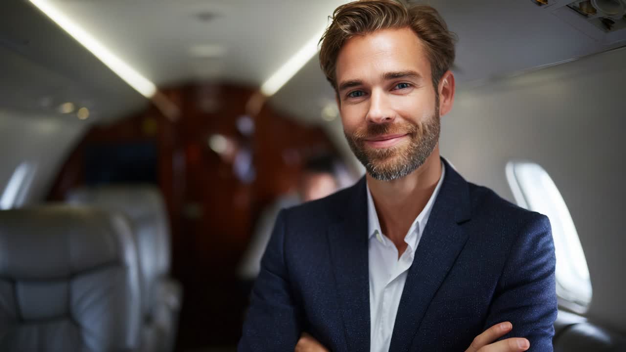 A confident professional man with a well-groomed beard and stylish attire smiles calmly in a luxurious private jet interior, exuding charisma and elegance, showcasing the comfort of modern aviation travel
