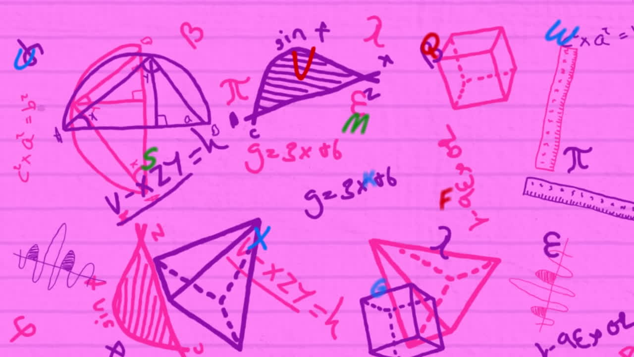 animación de alfabetos flotando sobre ecuaciones matemáticas contra un fondo rosa con líneas blancas.
