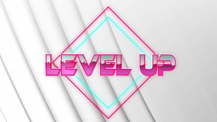 Animation of level up text in pink metallic letters over neon lines