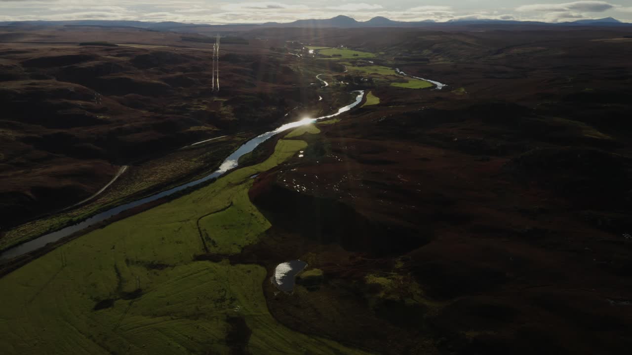 drone shot of a landscape with river in Northern Scotland