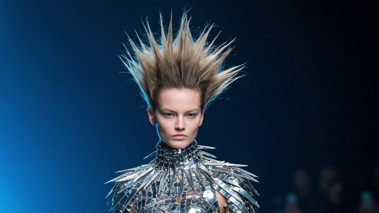 Sfilata di moda sorprendente: una modella mette in mostra un innovativo outfit metallico a spillo e un'acconciatura audace in un'apparizione finale accattivante sulla passerella.