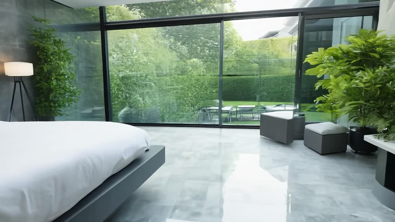dormitorio minimalista moderno con grandes ventanas y vistas al verde