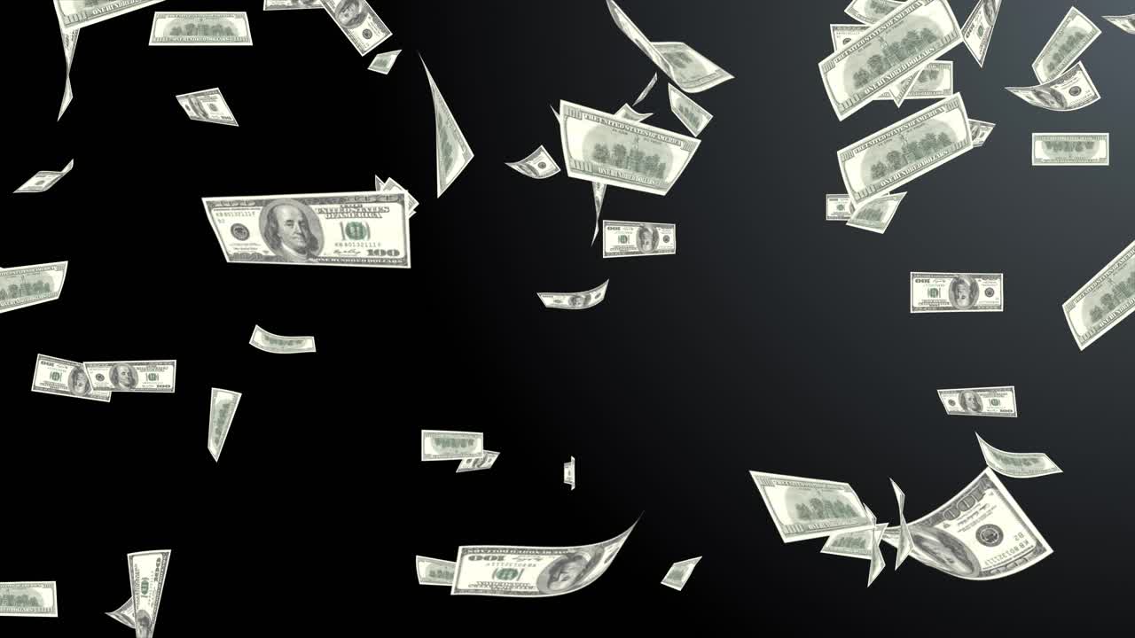 Animazione digitale di pioggia di denaro su sfondo nero in loop, finanza, contanti, crisi economica, affari.