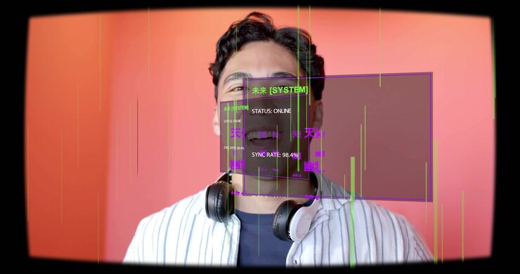 Reacting to purple panel appearing, man in striped shirt, headphones smiling and laughing in studio