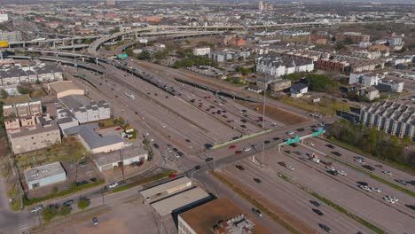 Establishing-aerial-shot-of-traffic-on-59-South-freeway-near-downtown-Houston