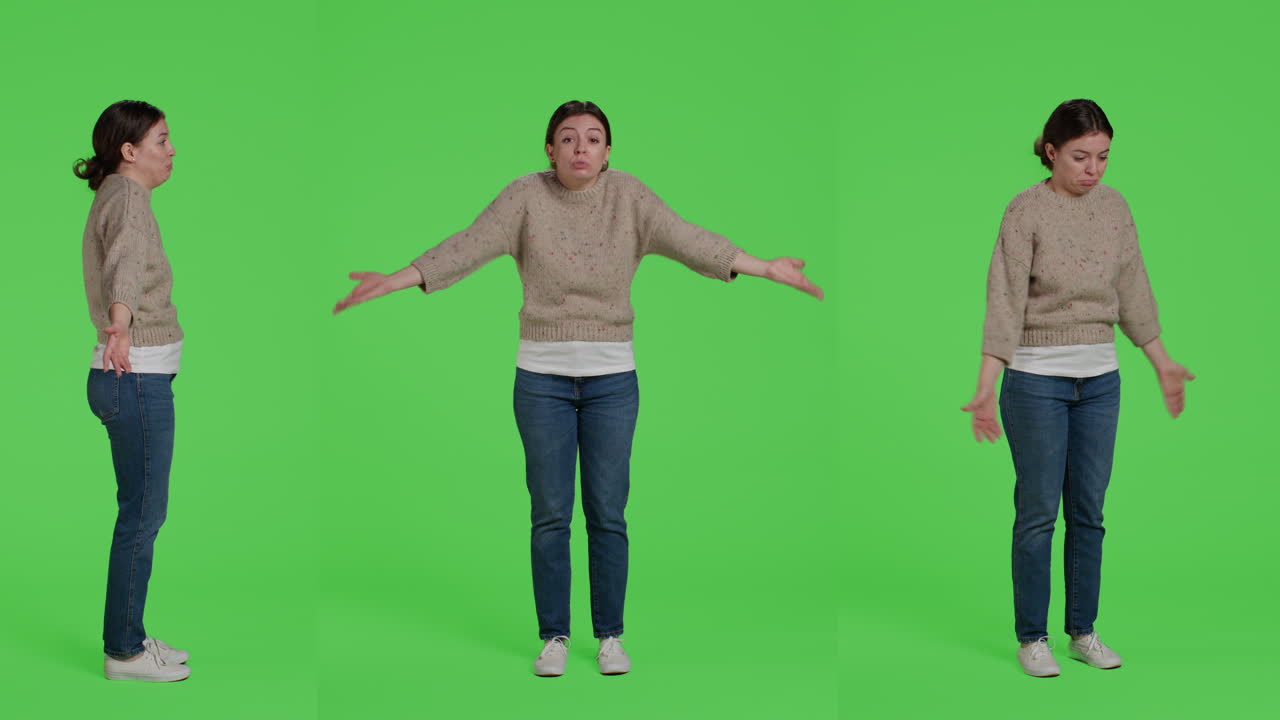 Confused Woman Shrugging on Green Screen