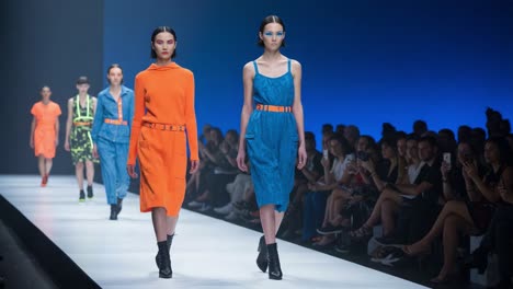 a captivating fashion show featuring stunning models in vibrant clothing and elegant styles on the runway, showcasing creative designs and striking colors
