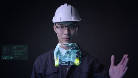 diseño de automóviles de ingeniero utilizando tecnología de realidad virtual, diseño de máquinas de fábrica inteligentes, ideas de industria futuristas.