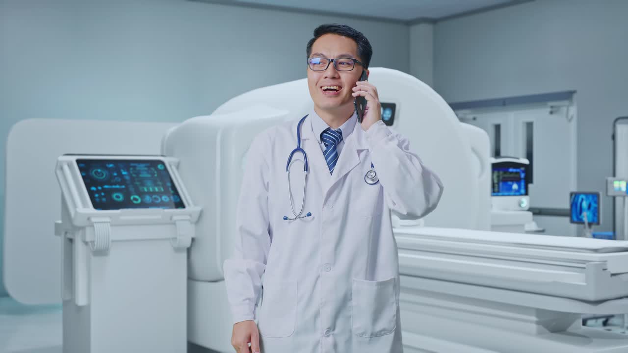 Asian Male Doctor Talking On Smartphone While Standing With MRI Machine In The Hospital