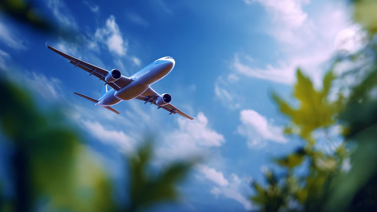 Un aeroplano che solca un cielo azzurro e limpido, circondato da una vegetazione verdeggiante, catturando l'essenza del volo e della natura in armonia sotto la luce brillante del sole