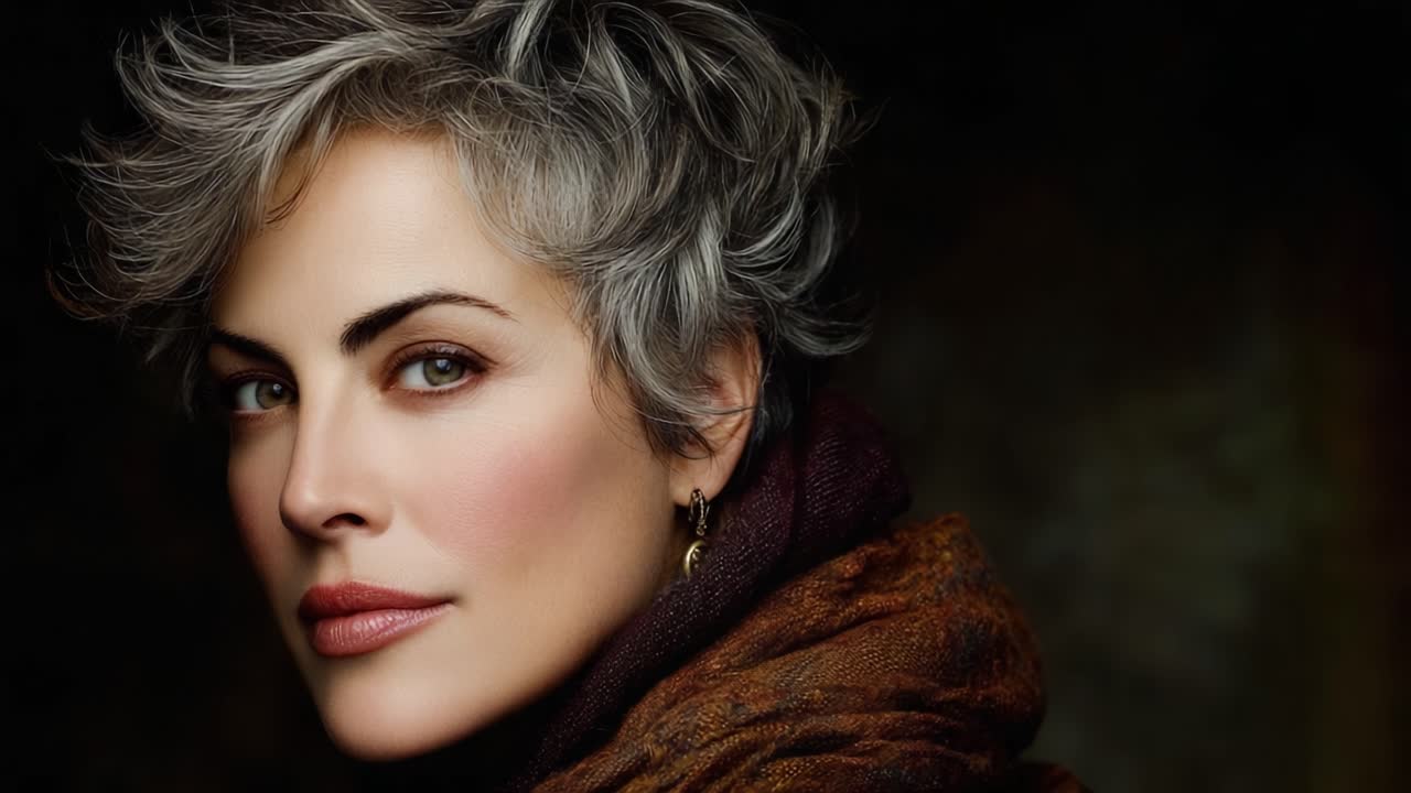 A Portrait of Timeless Elegance: Capturing the Beauty and Grace of a Woman with Silver Hair, Exuding Confidence and Charisma Against a Dark Backdrop