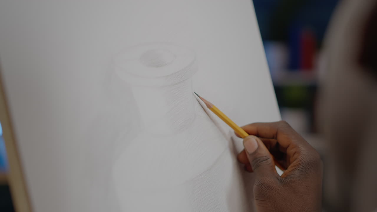 Close up of white canvas with vase drawing and black hand