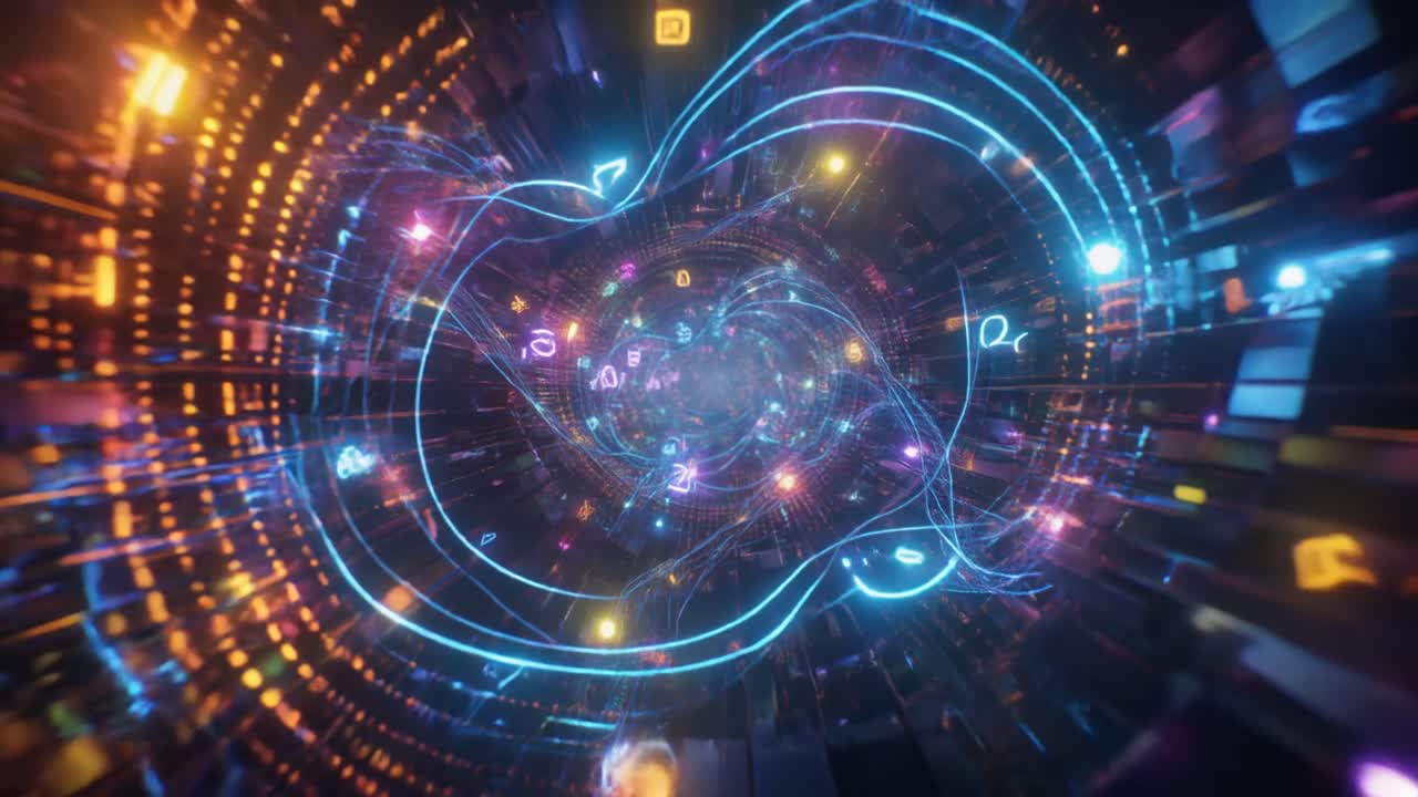 Volando attraverso un tunnel digitale futuristico con simboli al neon luminosi