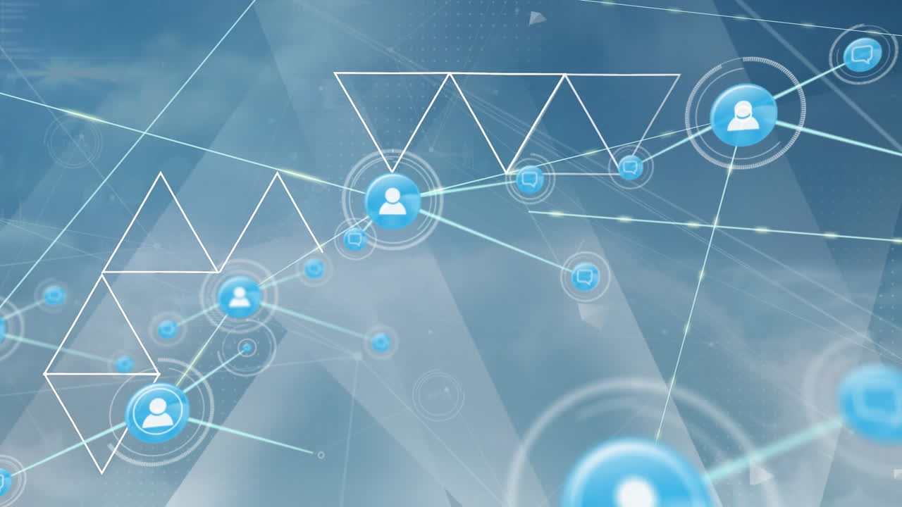 구름이 있는 하늘 위의 아이콘으로 연결된 네트워크의 애니메이션