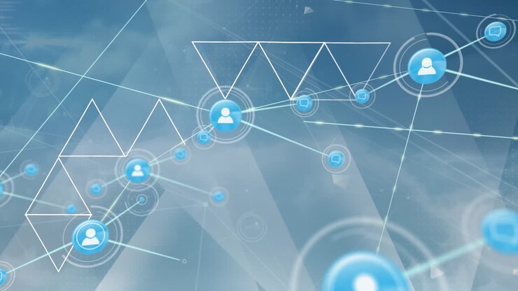 Animation of network of connections with icons over sky with clouds