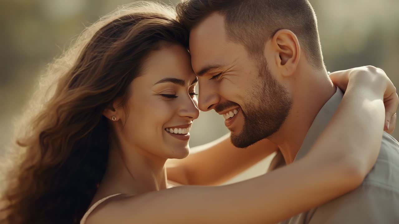 Casal se abraçando e aproximando os rostos em um parque ensolarado, expressando amor
