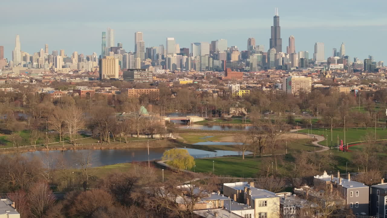 Aerial view of Humboldt Park in Chicago. Shot on a spring day.