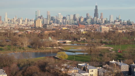 aerial view of humboldt park in chicago. shot on a spring day.