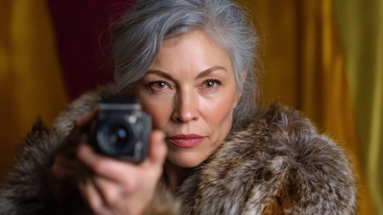 Anziana signora sicura di sé con capelli argentati, avvolta in una lussuosa pelliccia, tiene in mano una macchina fotografica in uno studio, catturando momenti con aplomb ed elegante grazia.