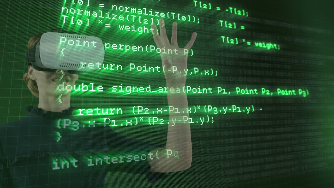 uso de auriculares vr, persona que interactúa con el entorno virtual a través de una pantalla de codificación verde
