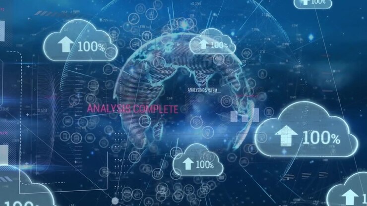 Animation of digital screen with globe and clouds with uploading