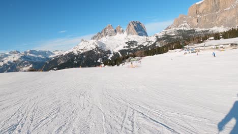 fpv pov of alpine skiing in dolomites, italy