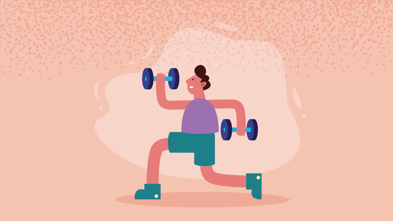 남자 운동 선수 덤벨을 들어 올리는 캐릭터 애니메이션
