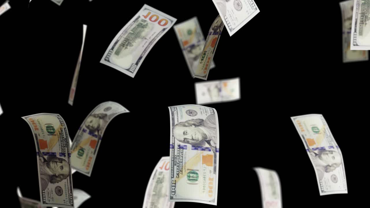 Banconote da cento dollari che cadono su sfondo nero
