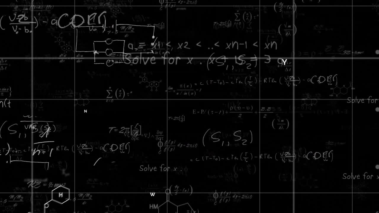 White chalk formulas and molecular diagrams moving across black grid canvas in flat design style