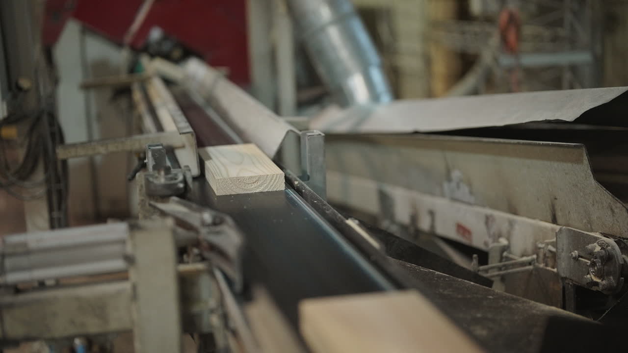 Sawdust and wood boards moving quickly along industrial line at timber production site, automated foot pushes planks off onto separate track