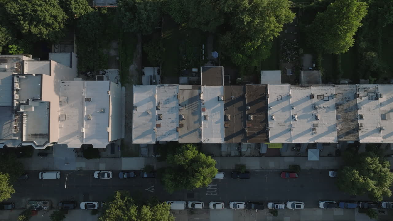 Aerial view of brownstone rooftops in Brooklyn. Shot at sunrise in Crown Heights