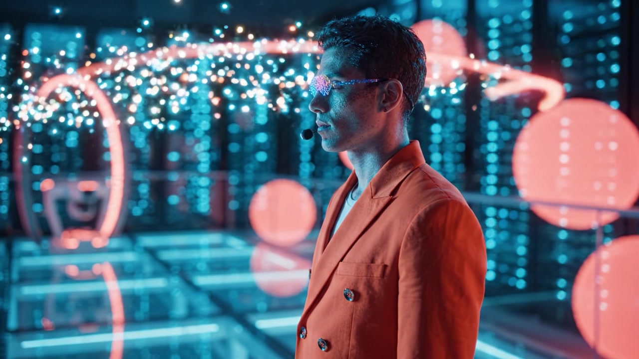 A futuristic scene featuring a sleek man in an orange blazer with glasses, standing amidst glowing technology and vibrant digital environment filled with lights.