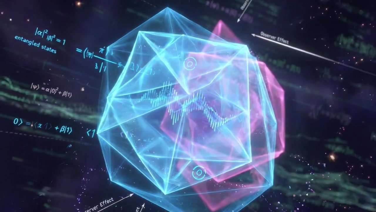 Abstrakt kvantecomputer-visualisering med sammenfiltrede geometriske former