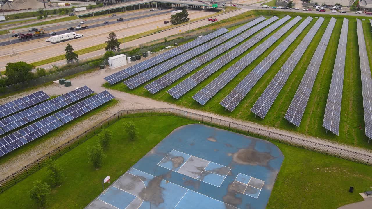Old O'Shea Playground and Solar Farm near I-96 highway, aerial drone view