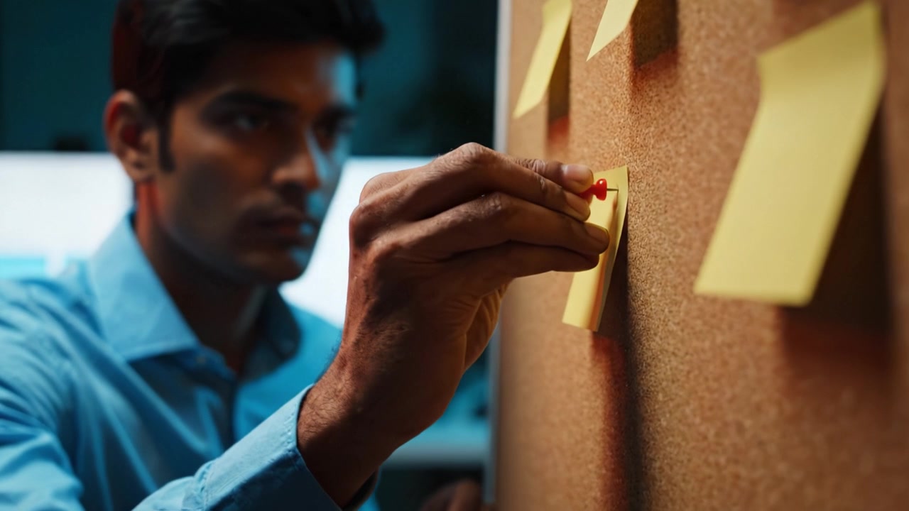 A focused individual pins notes to a corkboard in a creative workspace, showcasing the significance of organization and brainstorming in achieving goals.