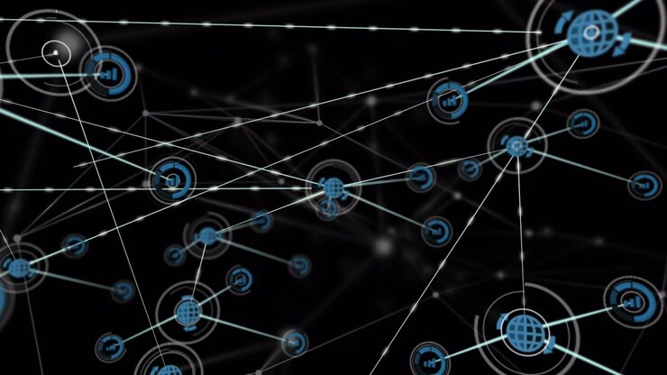 Animazione di punti e icone interconnessi da linee su sfondo nero